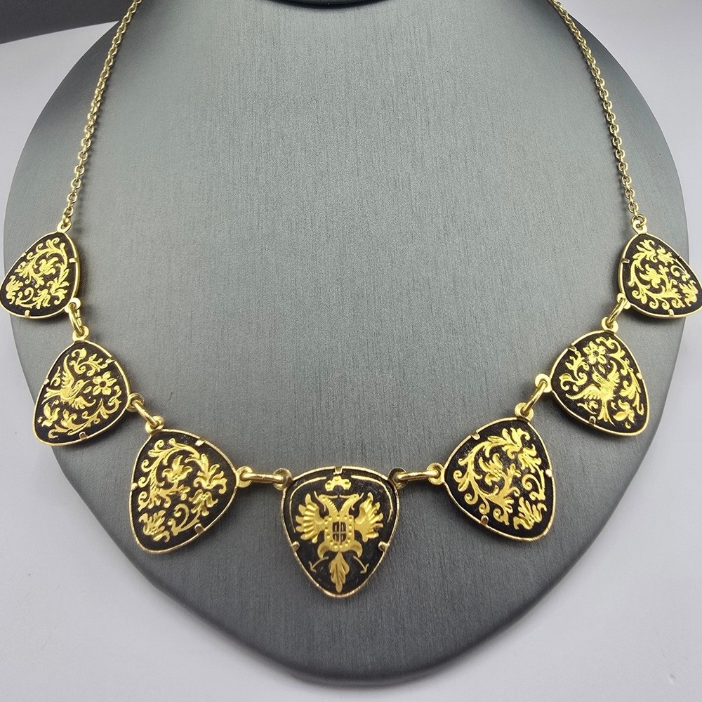 Vintage Estate Necklace Gold Black Damascene Floral Bird Shield 21in